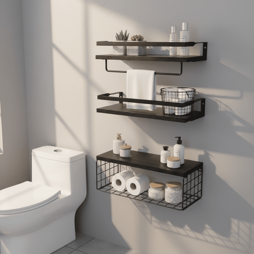 Etagere murale en bois 3 niveaux photoréaliste salle bain papier toilette cosmétiques plantes