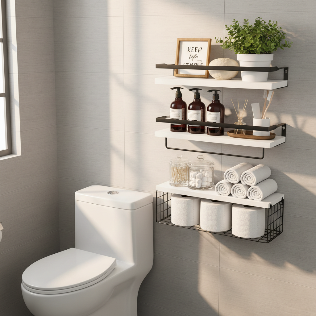 Etagere murale en bois blanc flottante installée toilettes serviettes plantes accessoires salle bain