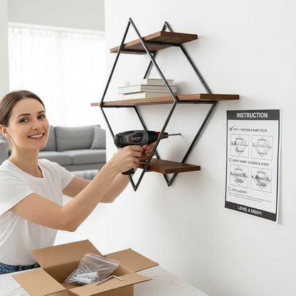 Etagere murale en bois installation facile personne souriante montage simple outils inclus sans stress