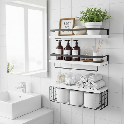 Etagere murale en bois paulownia blanc flottante lot 3 panier fil salle bain moderne