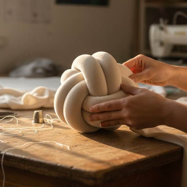 Fabrication artisanale coussin nœud velours fait main