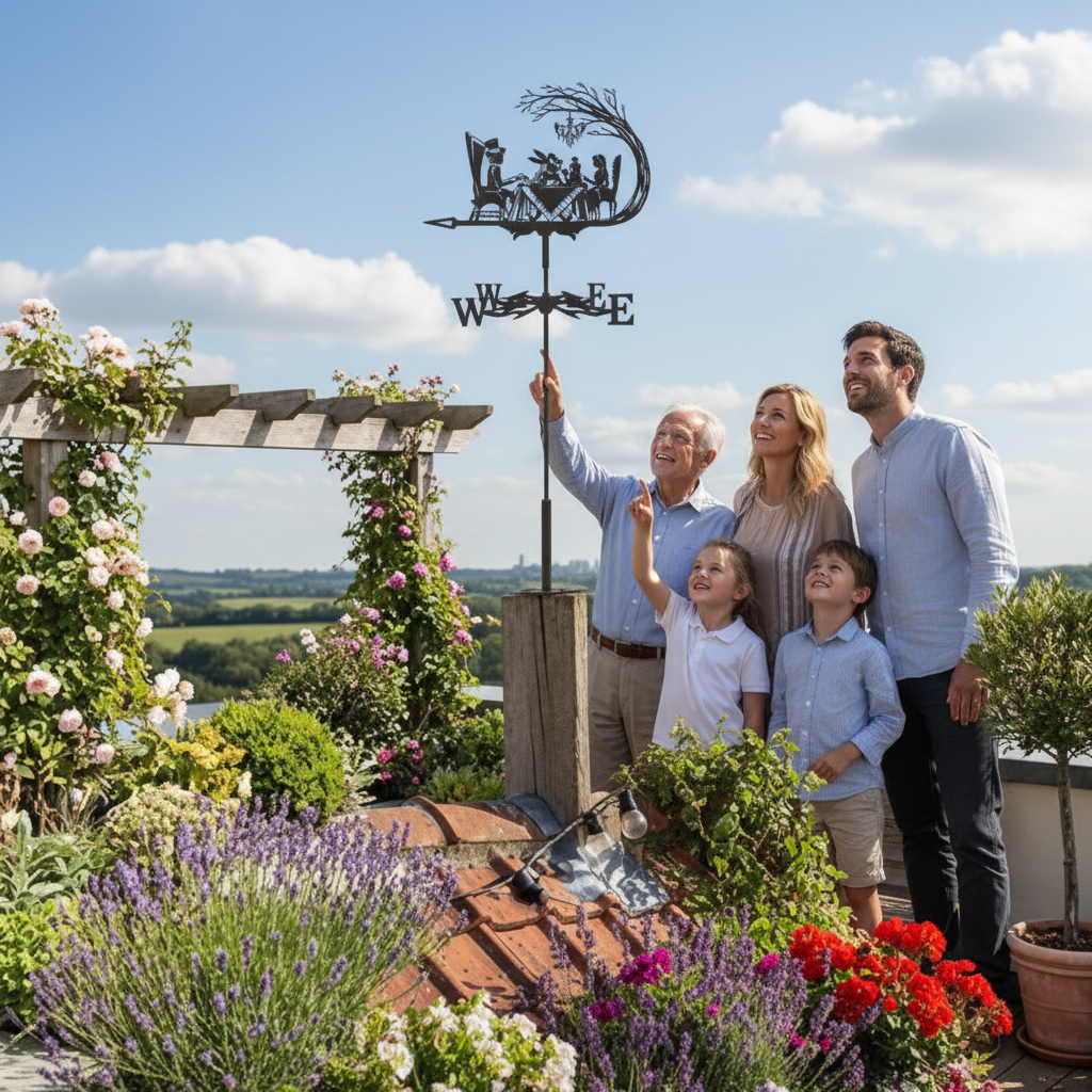 Famille admirant girouette de toit comme héritage décoratif multigénérationnel