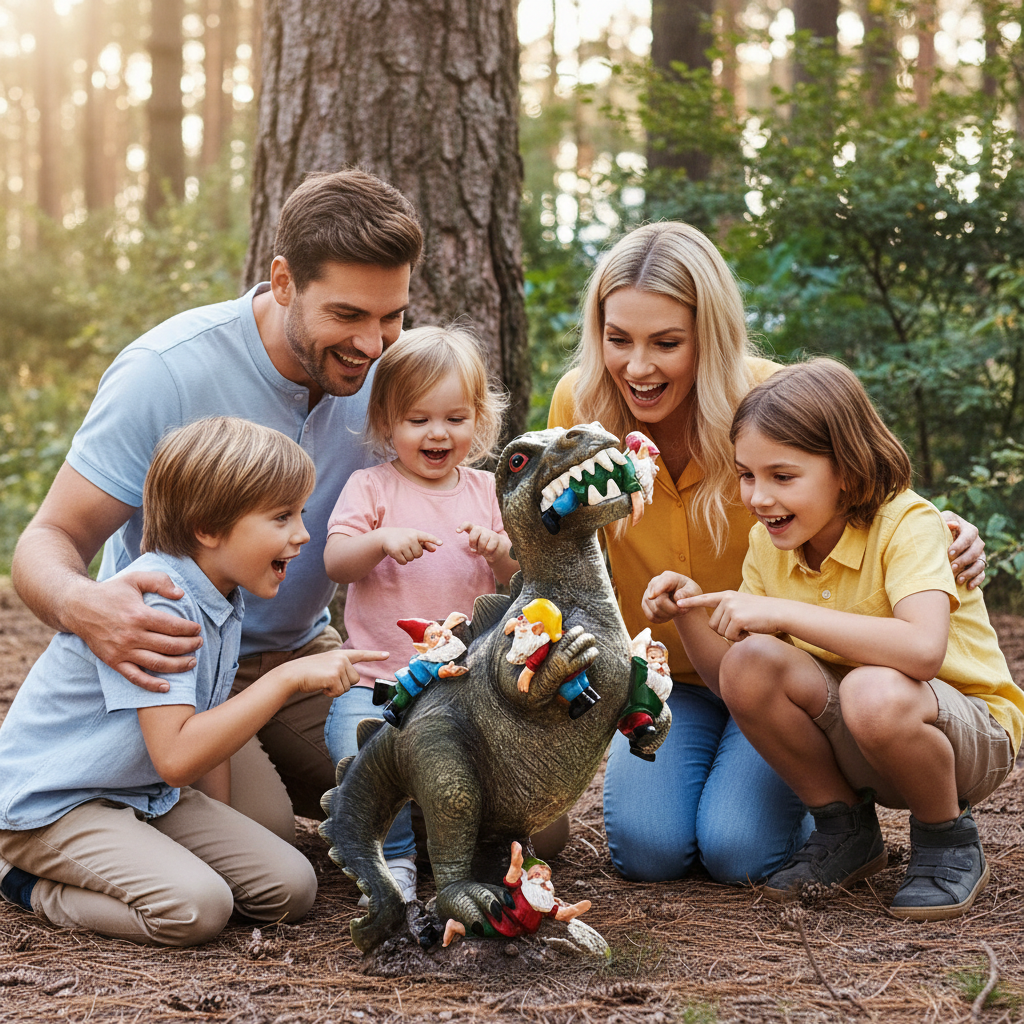 Famille admirant sculpture nains de jardin dinosaure enfants