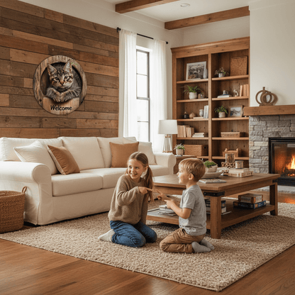 Famille heureuse dans maison avec décoration murale en bois créant atmosphère chaleureuse