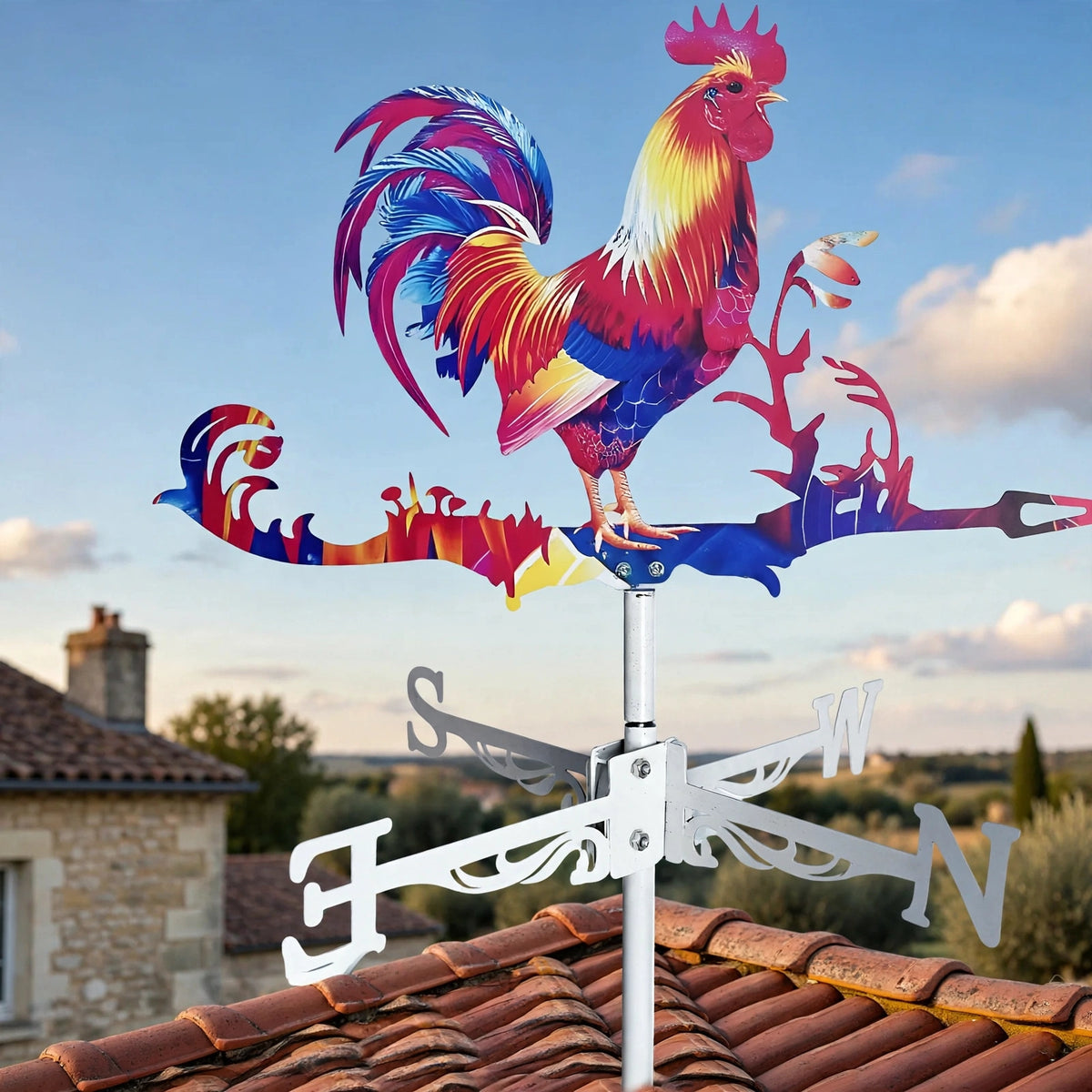Girouette coq colorée installée sur un toit de tuiles d'une maison en pierre