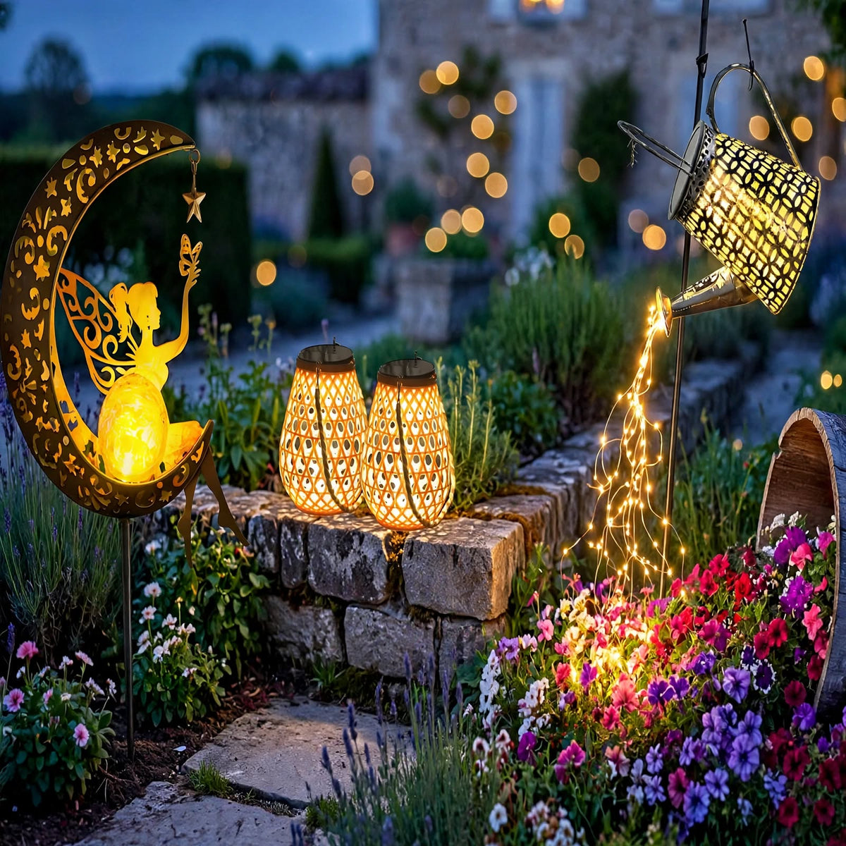 Pack cadeau jardin élégance — lampe lune solaire, lanterne bambou tressé et arrosoir lumineux sur terrasse française au crépuscule