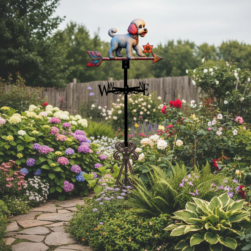 Girouette animal caniche métal 47,8cm montée jardin avec finition noire élégante