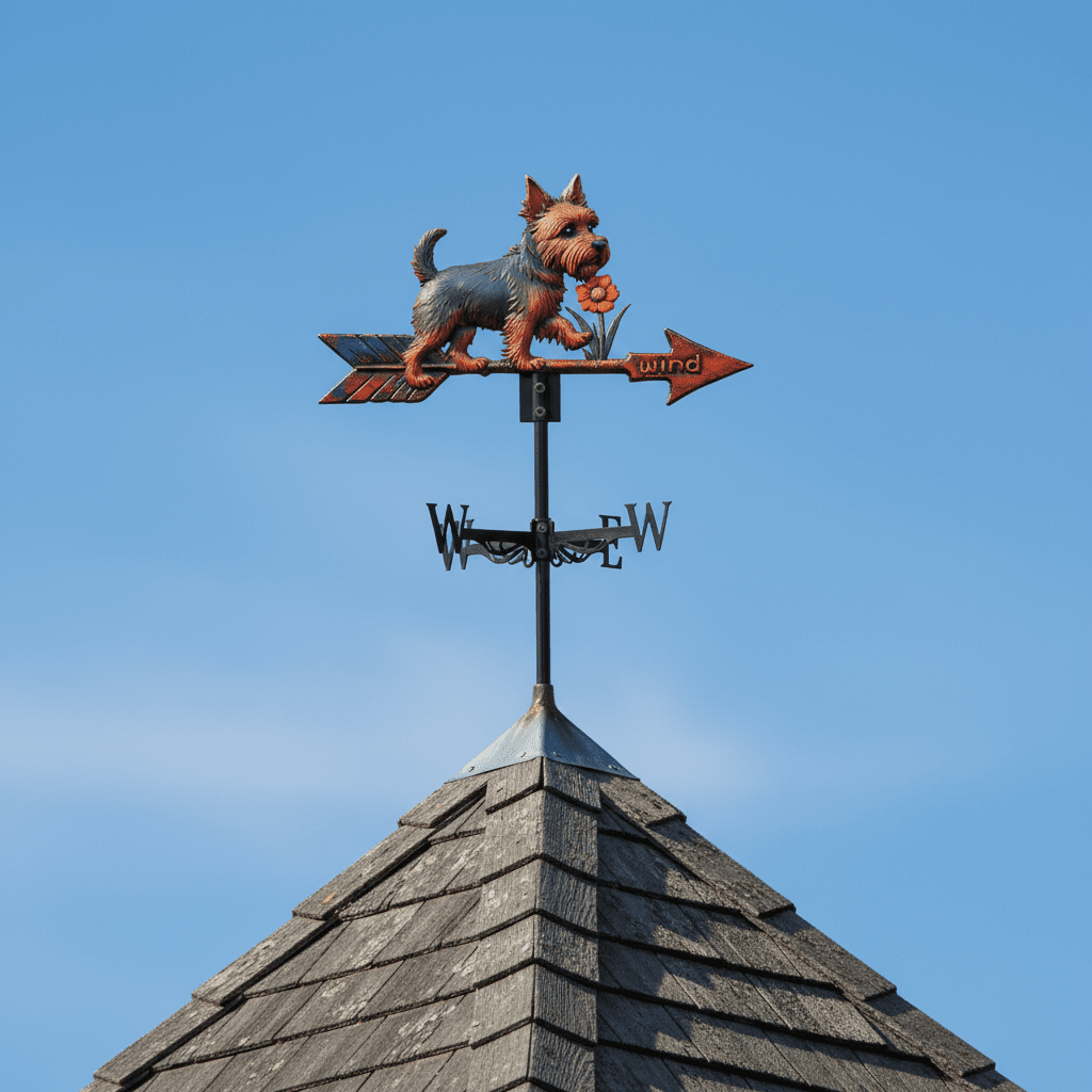 Girouette animal Yorkshire installée sur toiture poteau - ornement chien jardin 1,5kg