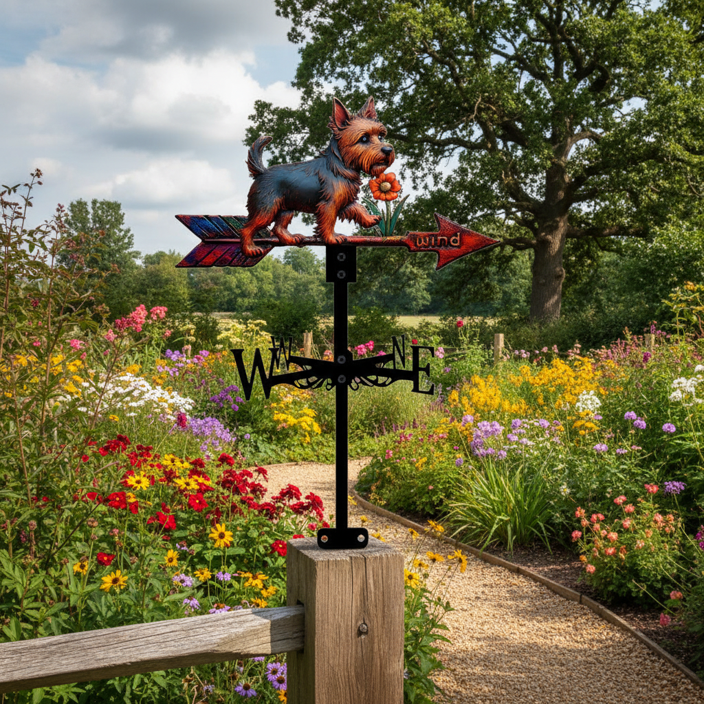 Girouette animal Yorkshire métal 46cm montée jardin avec finition noire élégante