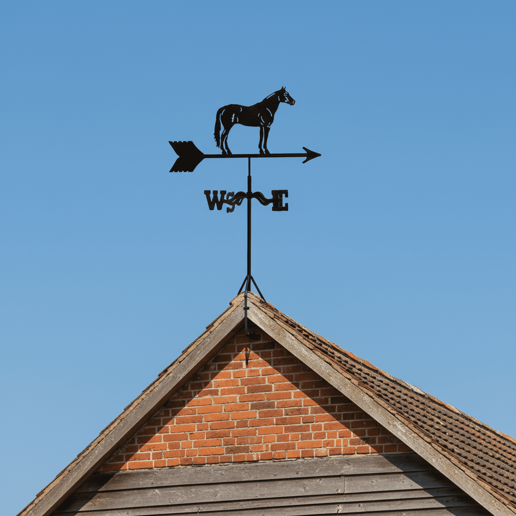 Girouette cheval acier installée sur toiture poteau - ornement équestre jardin