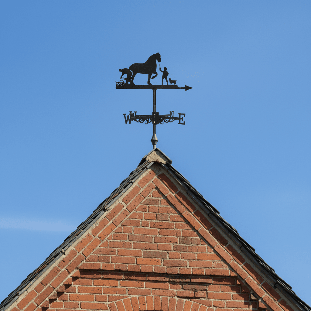 Girouette cheval fermier installée sur toiture poteau - ornement scène rurale jardin
