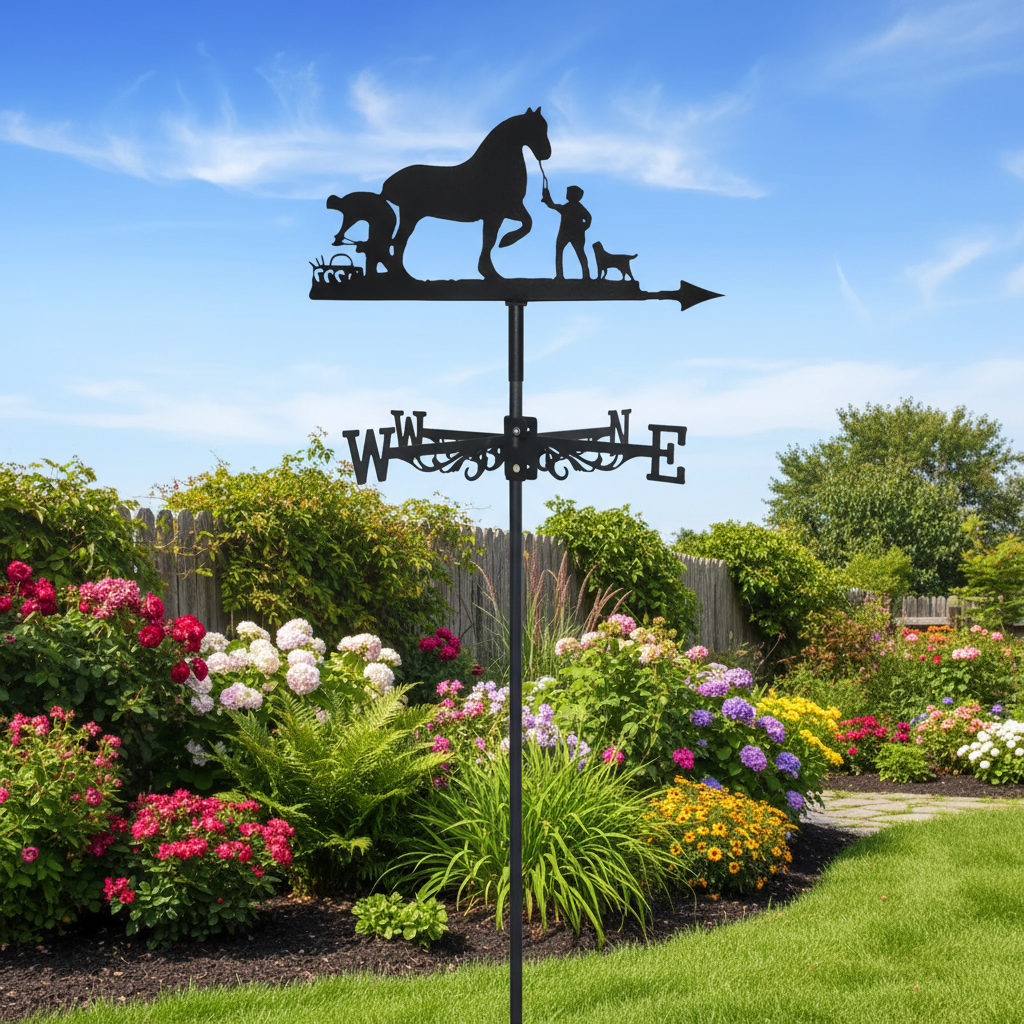 Girouette cheval fermier métal 50cm scène rurale montée jardin avec finition noire