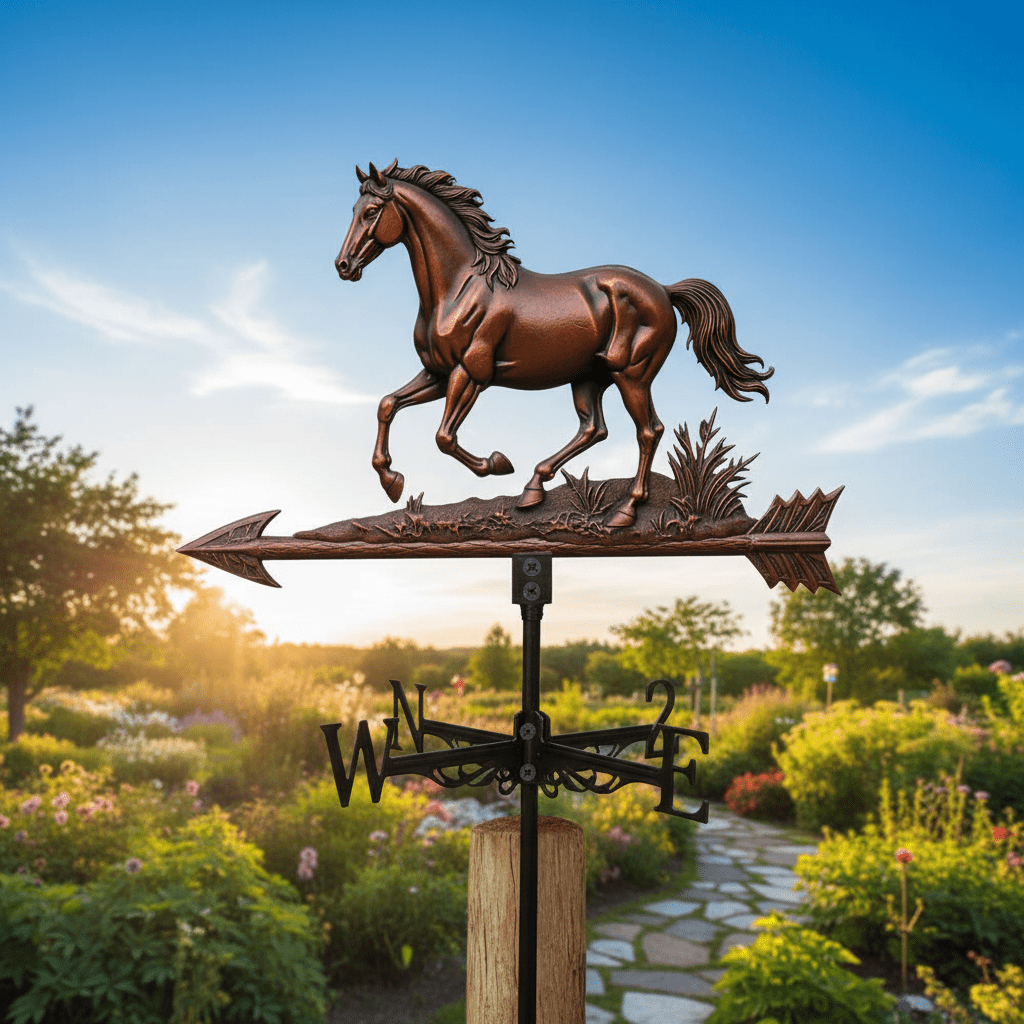 Girouette cheval métal 49cm montée sur toiture jardin avec finition vintage