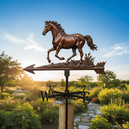 Girouette cheval métal 49cm montée sur toiture jardin avec finition vintage