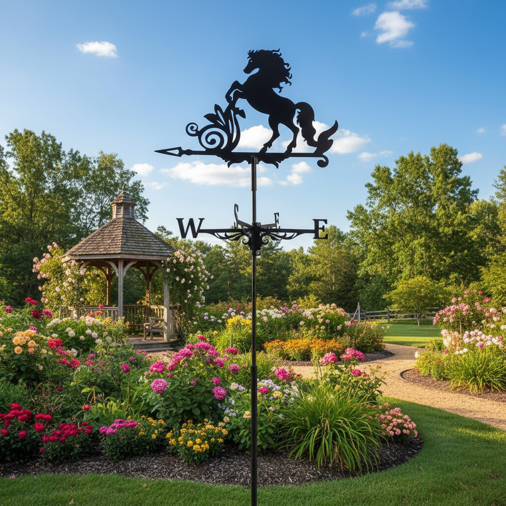 Girouette cheval métal acier montée jardin avec finition noire équine élégante