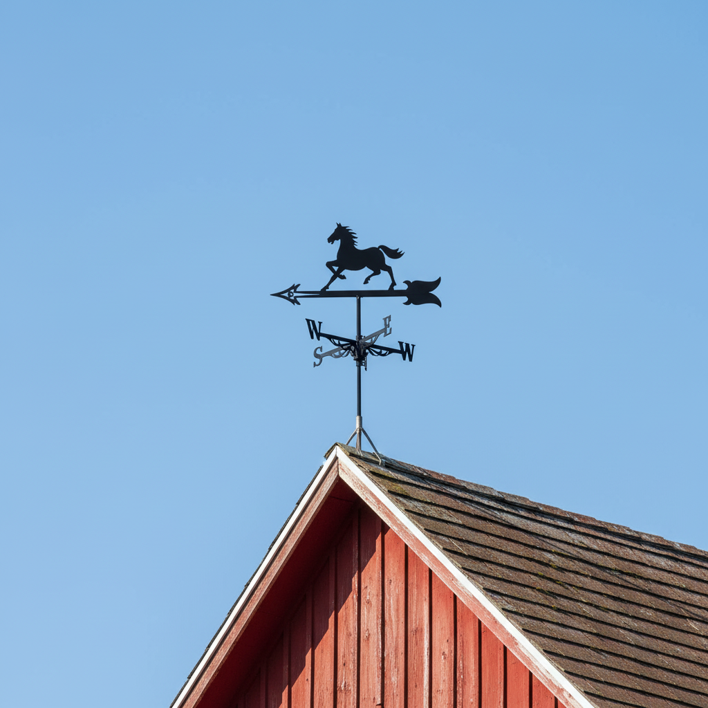 Girouette cheval noir installée sur toiture poteau - ornement silhouette équestre jardin