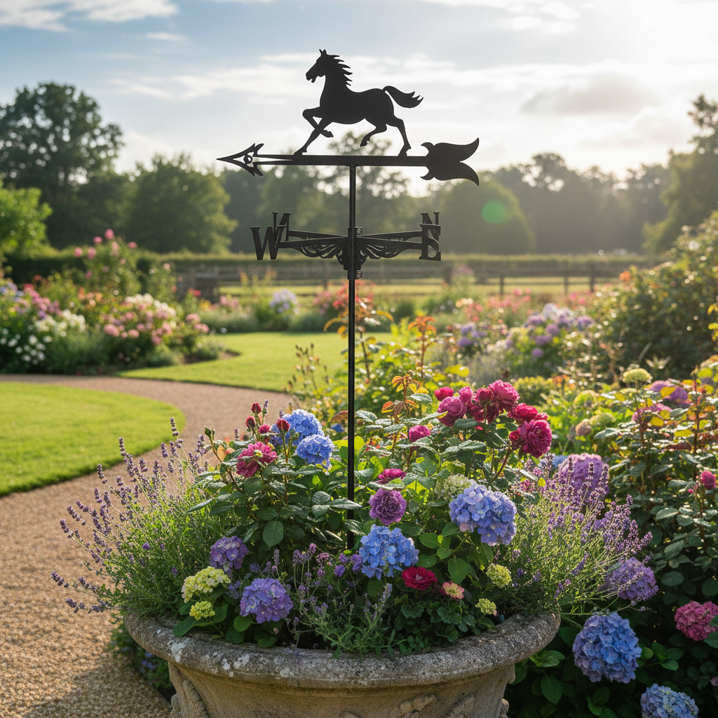 Girouette cheval noir métal 50cm silhouette équestre montée jardin avec finition noire