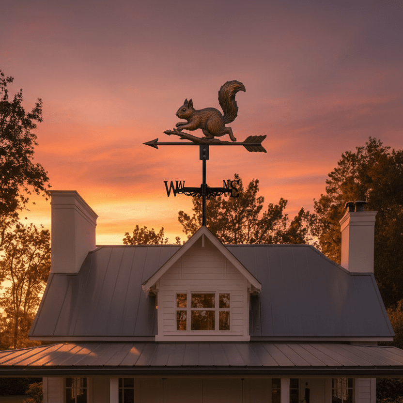 Girouette écureuil installée sur toit de maison au coucher du soleil - décoration extérieure