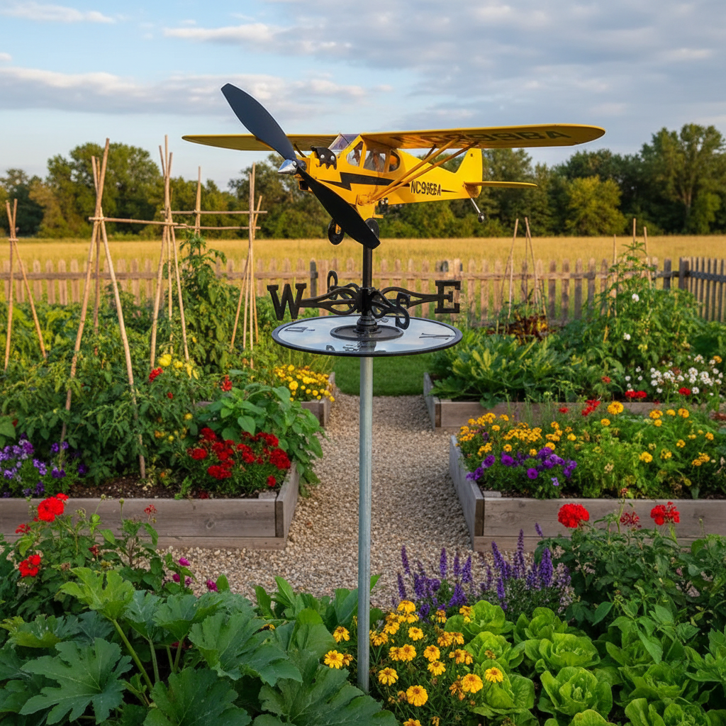Girouette de jardin avec indicateurs cardinaux N-S-E-O parmi les massifs de fleurs