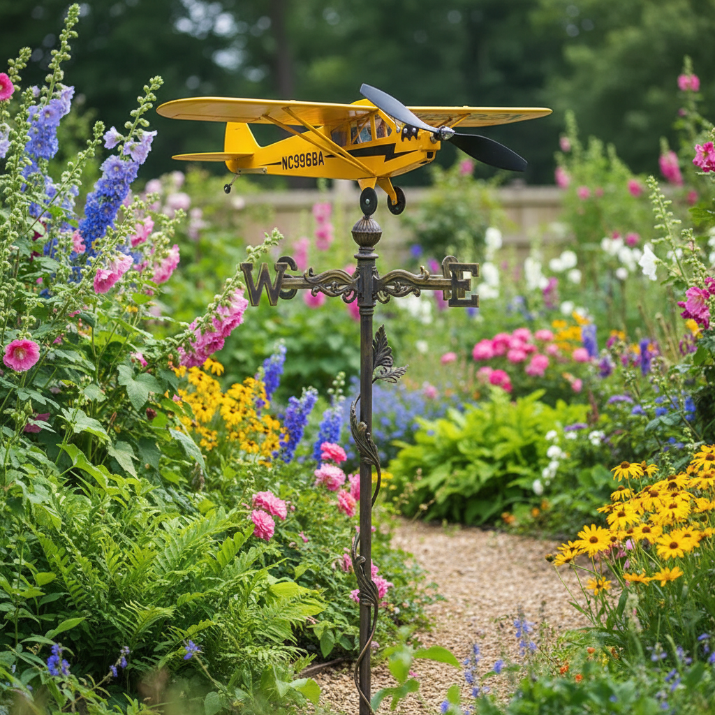 Girouette de jardin décorative avec avion jaune montée sur poteau dans jardin verdoyant