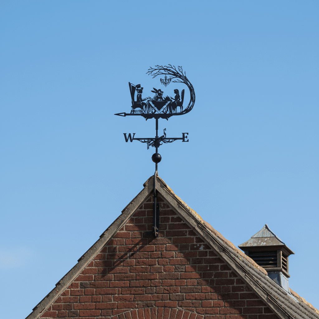 Girouette de jardin originale Alice installée sur toiture poteau - ornement conte féérique