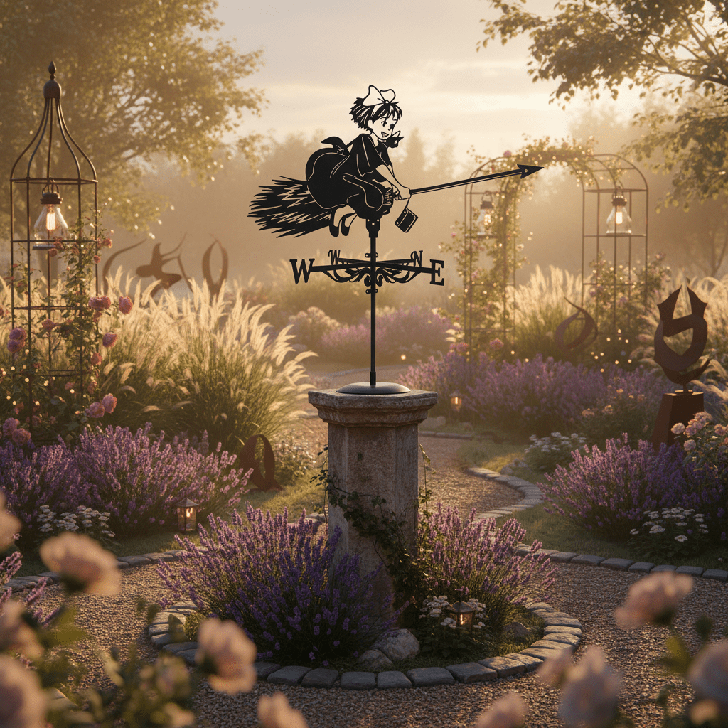 Girouette de jardin originale petite sorcière atmosphère chaleureuse - ornement fantastique enchanté extérieur