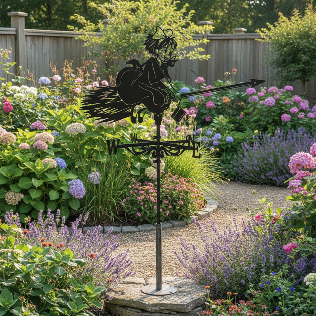 Girouette de jardin originale petite sorcière métal 50cm silhouette magique montée jardin