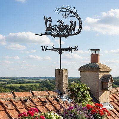 Girouette de toit fonctionnelle montrant les directions cardinales N-S-E-O en rotation