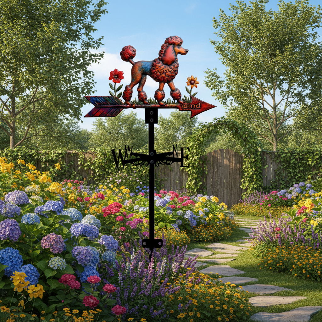 Girouette original caniche métal 48cm montée jardin avec finition noire élégante