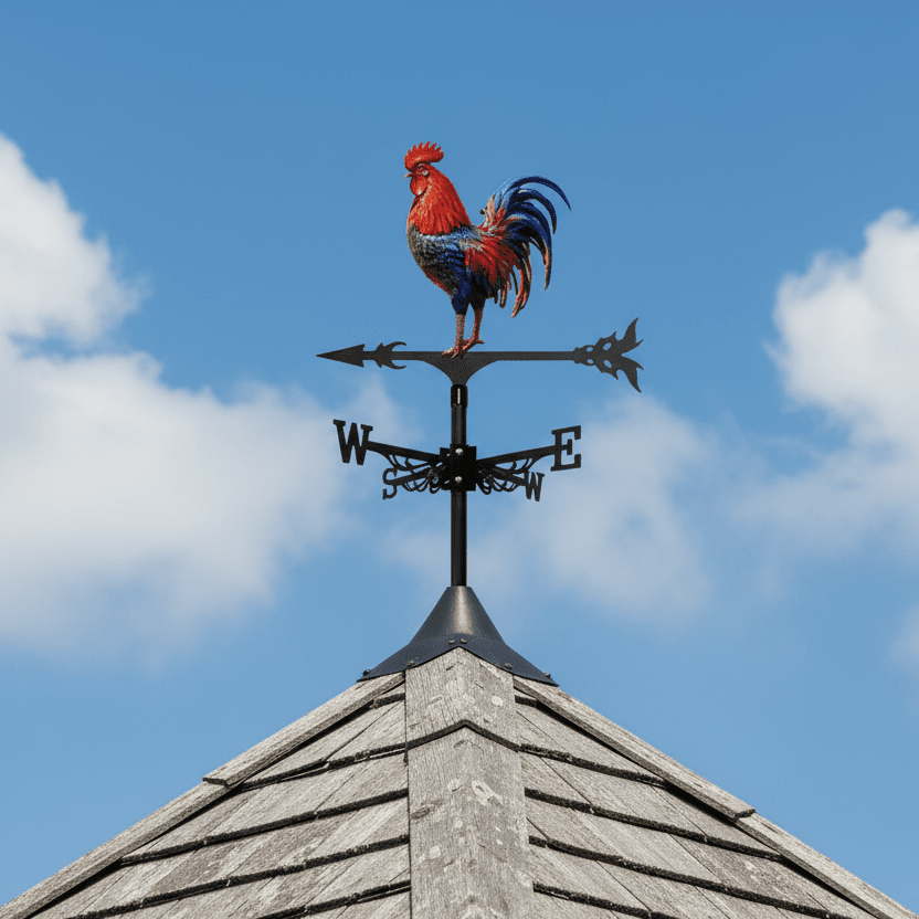 Girouette original coq installée sur poteau toiture - ornement traditionnel ferme française
