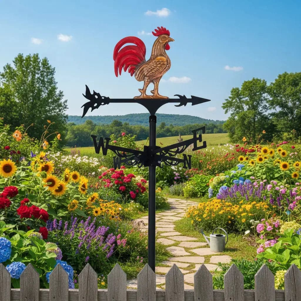 Girouette original coq rouge métal 50cm montée jardin avec couleurs vives