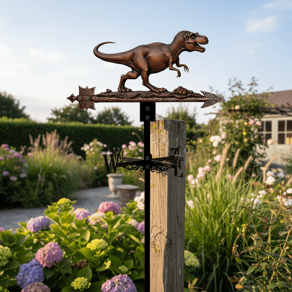 Girouette original dinosaure métal 46cm montée jardin avec finition vintage préhistorique