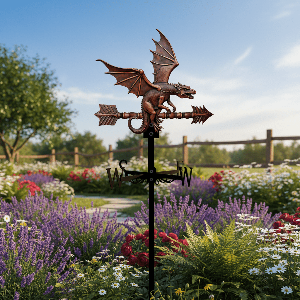 Girouette original dragon métal 55cm montée sur toiture jardin avec finition vintage