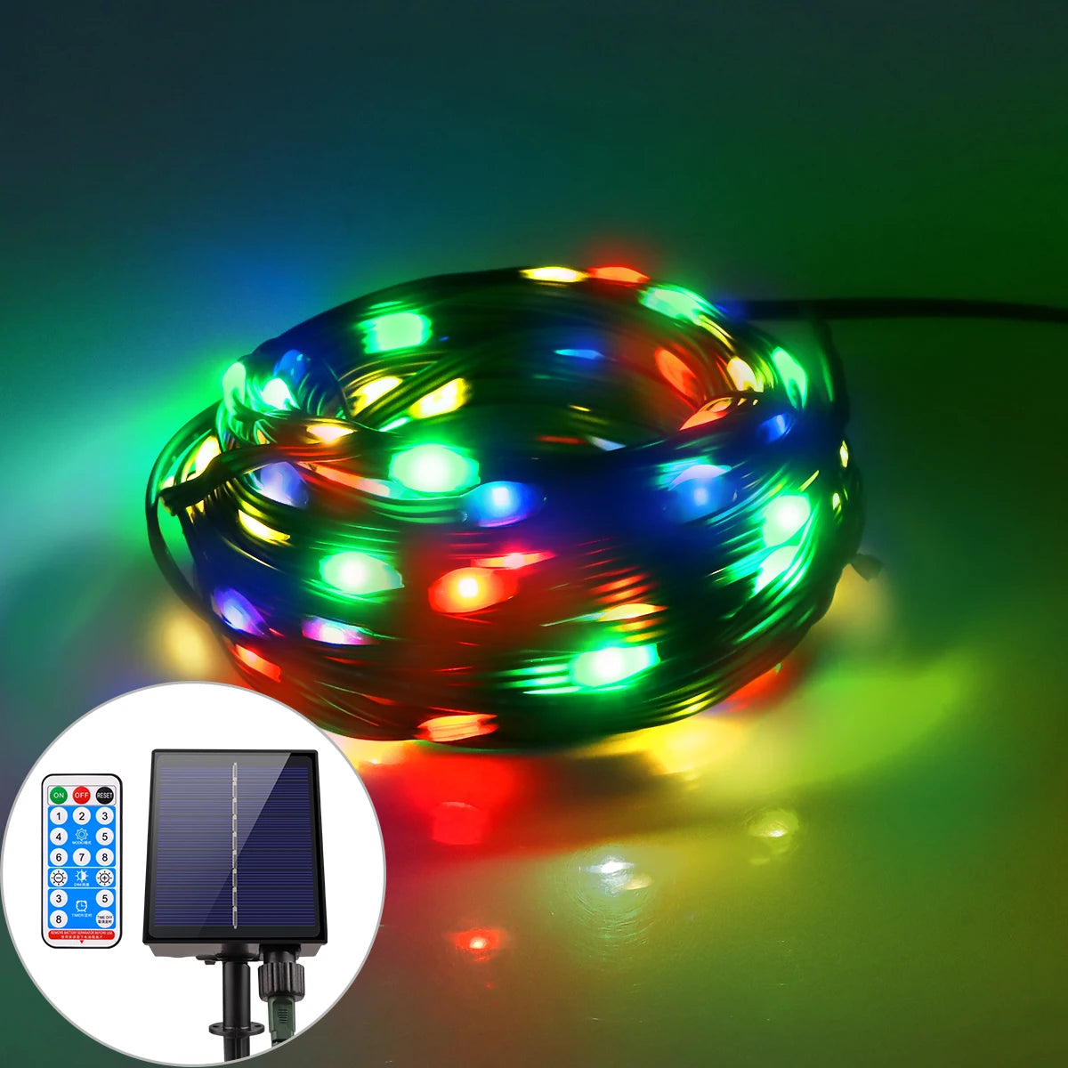 La guirlande lumineuse LED multicolore SolarSpark brille en rouge, vert, bleu et jaune. L'insert présente le panneau SolarSpark de la guirlande solaire extérieur et une télécommande colorée, mettant en valeur ses capacités d'alimentation solaire et réglables.