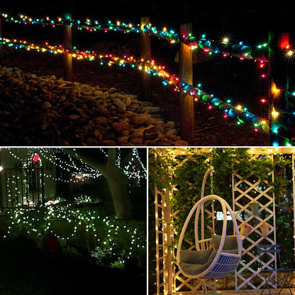 En haut : une clôture en bois mise en valeur par des guirlandes lumineuses SolarSpark la nuit. En bas à gauche : un arbre et des buissons éclairés par des guirlandes lumineuses SolarSpark blanches. En bas à droite : une chaise suspendue confortable près d'un treillis orné de guirlandes lumineuses blanches Guirlande Solaire Extérieur.