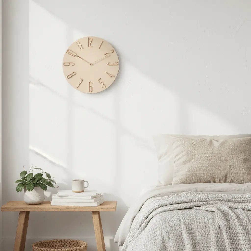 Horloge murale ronde 30cm beige chiffres arabes rose gold mécanisme balayage silencieux décoration naturelle scandinave