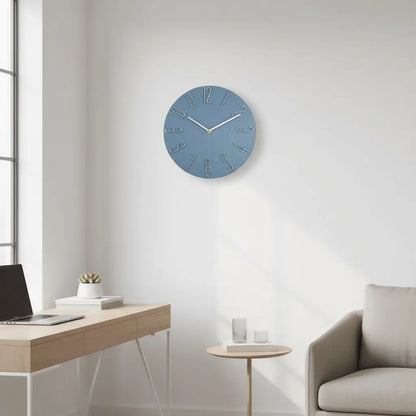Horloge murale ronde 30cm bleu chiffres arabes argentés mécanisme balayage silencieux décoration scandinave contemporaine