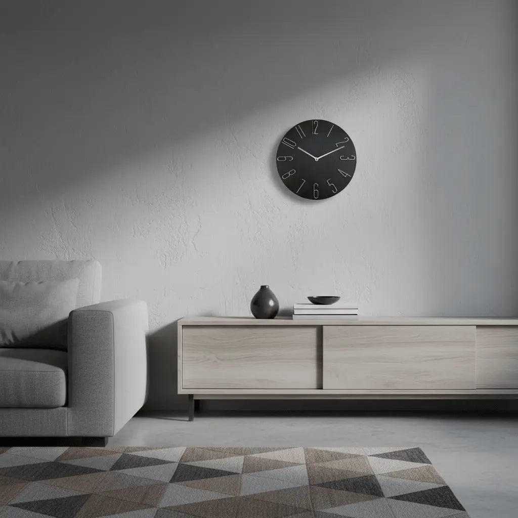 Horloge murale ronde 30cm noir chiffres arabes argentés mécanisme balayage silencieux style contemporain industriel