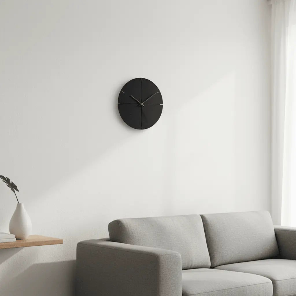 Horloge murale noire bois noyer 30cm salon scandinave profil ultra-fin effet flottant