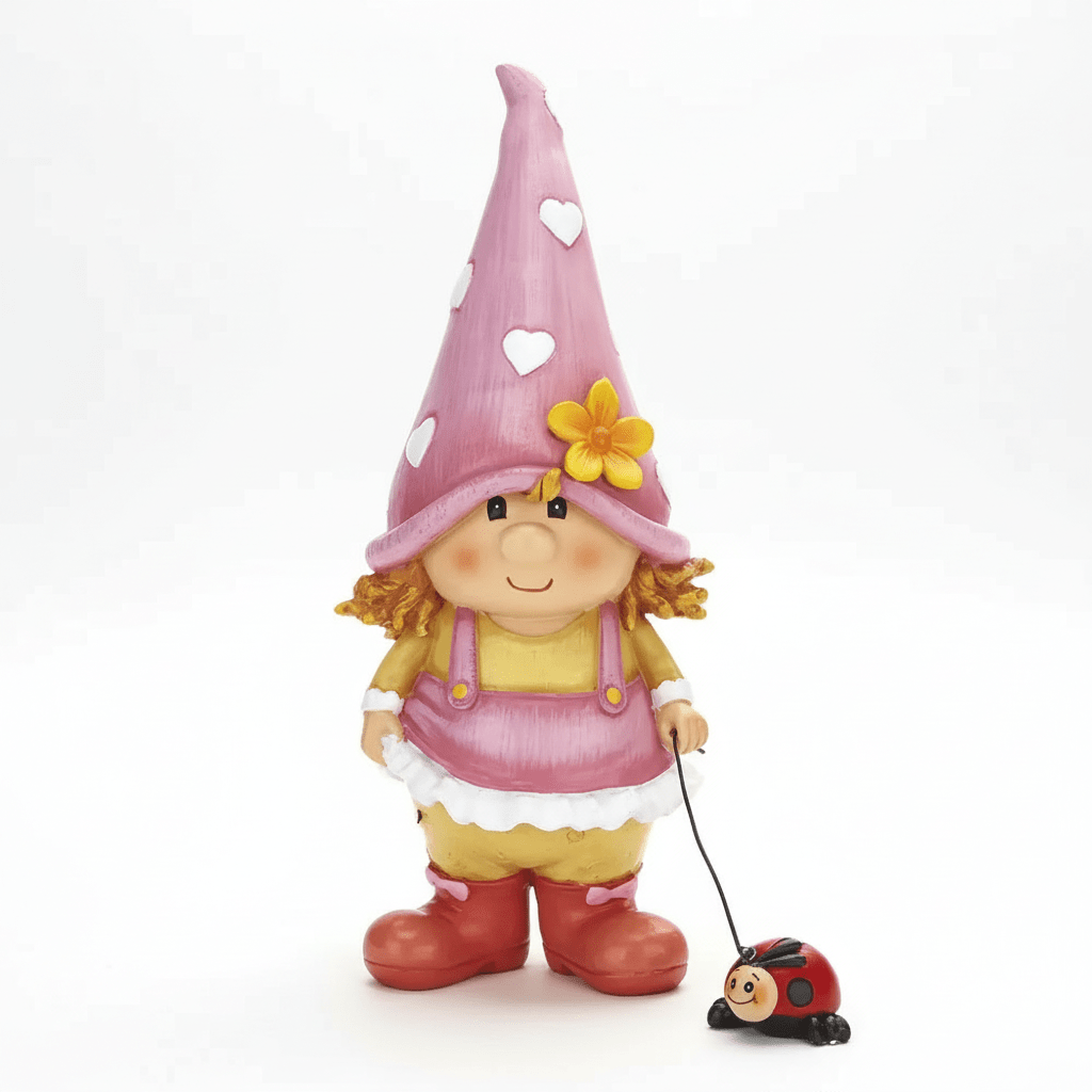 Nain de jardin femme résine enfant bonnet rose conte fées figurine mignonne
