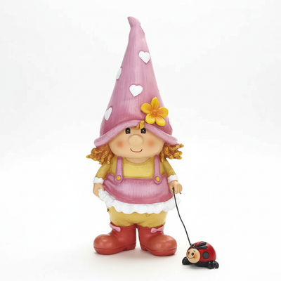 Nain de jardin femme résine enfant bonnet rose conte fées figurine mignonne