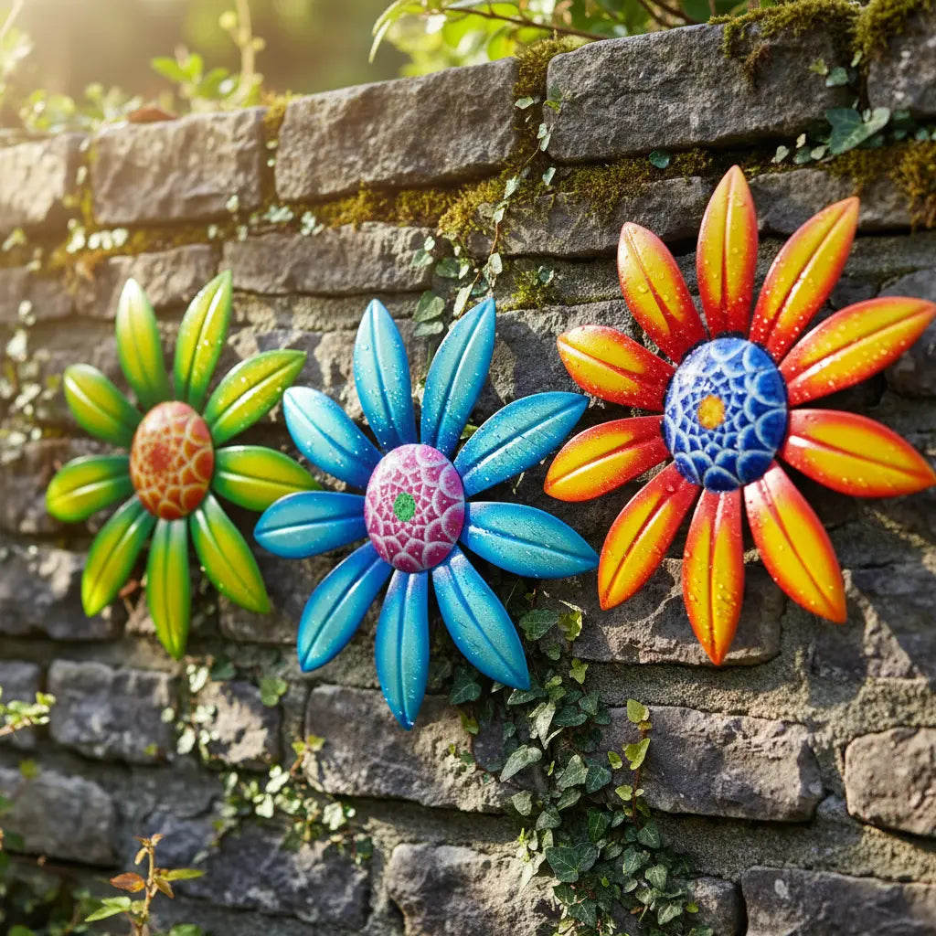 Décoration extérieur jardin gros plan fleurs métal colorées qualité résistante intempéries