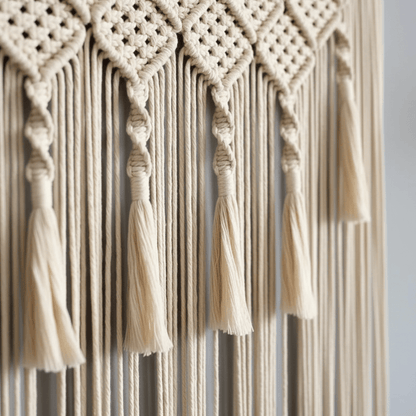 Gros plan tissage artisanal rideaux en macramé coton naturel montrant texture nœuds et franges fait main