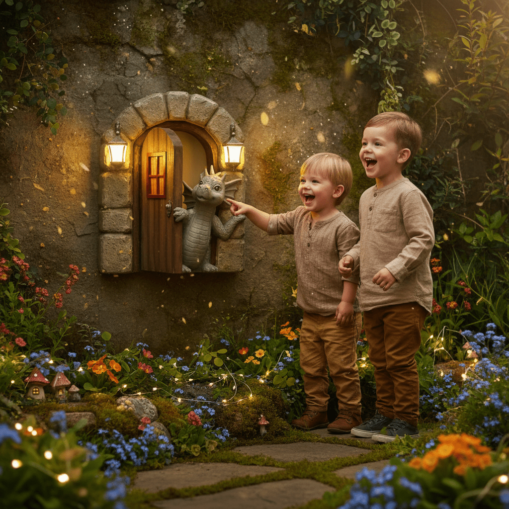 Jardin transformé décoration de jardin murale scène féerique enfants souriant ambiance magique joyeuse