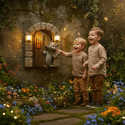 Jardin transformé décoration de jardin murale scène féerique enfants souriant ambiance magique joyeuse