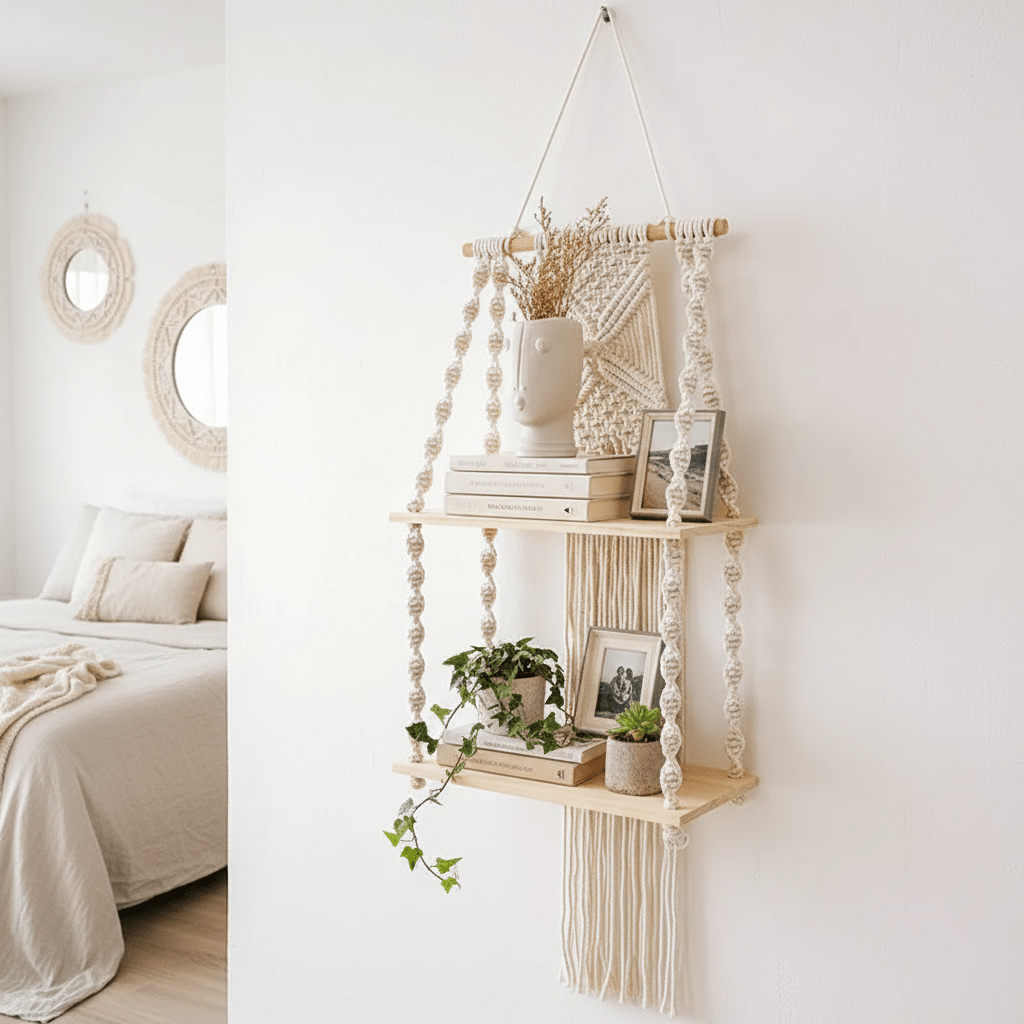 Étagère murale chambre macramé bohème beige avec livres et cadres photos, décoration artisanale tissée rustique cosy