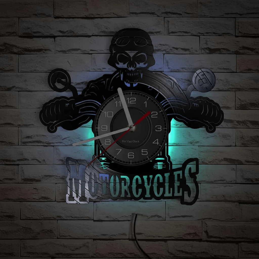 Horloge moto murale vinyle LED 16 couleurs salon chambre ambiance lumineuse personnalisable