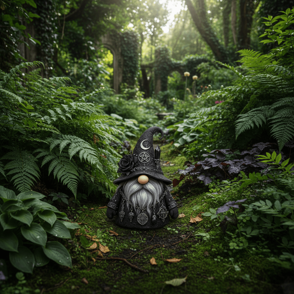 Nain de jardin noir jardin verdoyant fougères plantes ombre dark fantasy