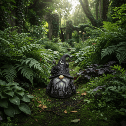 Nain de jardin noir jardin verdoyant fougères plantes ombre dark fantasy