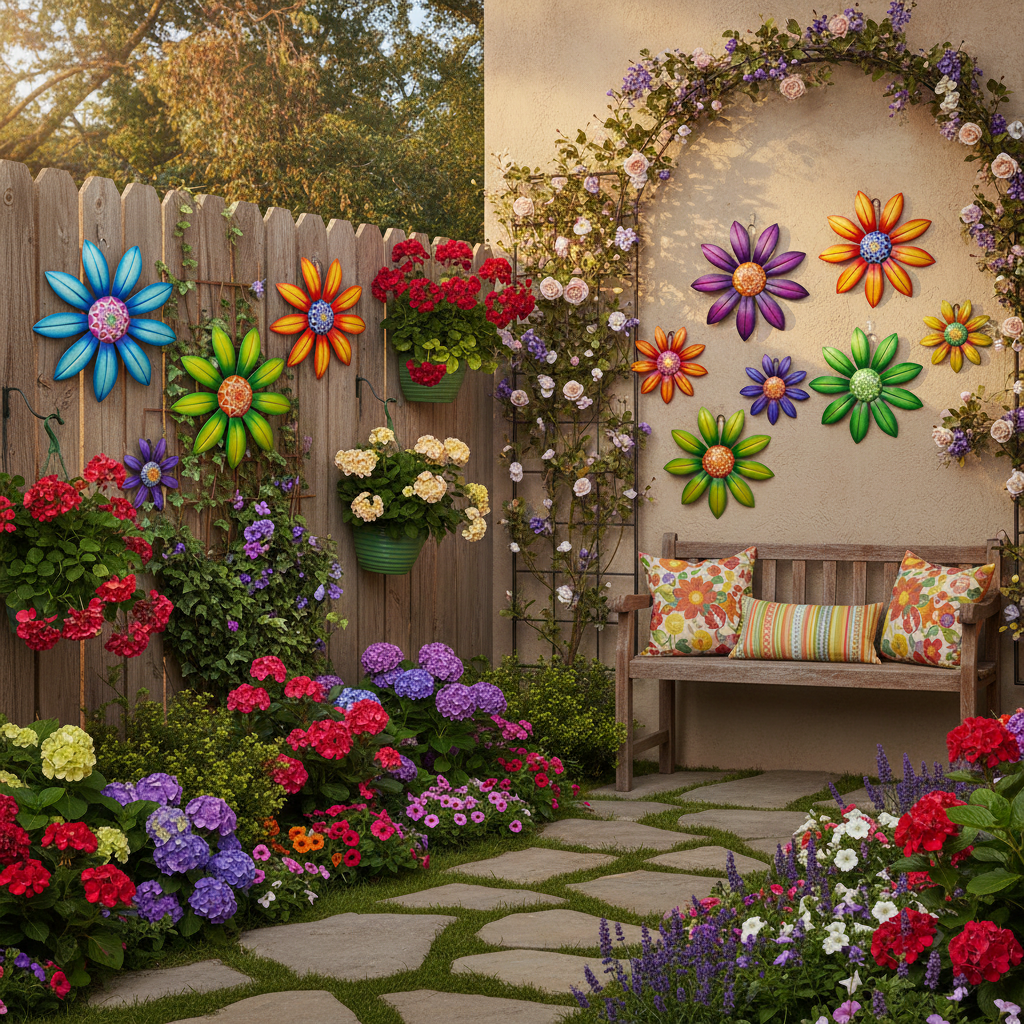 Décoration extérieur jardin transformation espace extérieur fleurs métal ornements colorés
